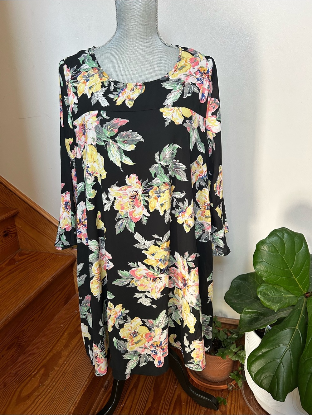 Black Floral Swing Dress with Yellow & Pink Blooms